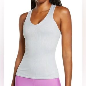ALO Elevate ribbed tank top criss cross blue moon slate scoop v tight long line